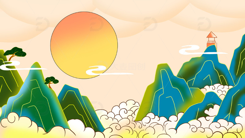 源文件下载【趣麦麦图】手绘青色古风中国风国潮山峰背景