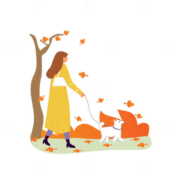 源文件下载【趣麦麦图】清新扁平风人物宠物公园散步落叶插画元素