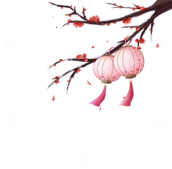 源文件下载【趣麦麦图】-红色手绘下雪梅花灯笼装饰元素
