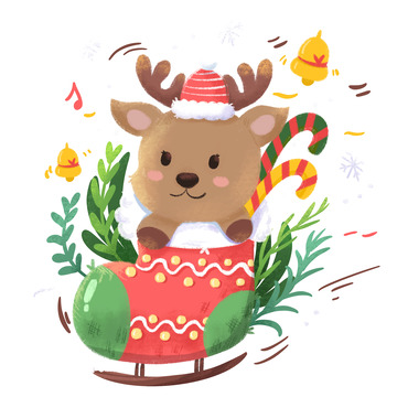 绿色肌理圣诞节麋鹿圣诞袜铃铛滑雪手绘图