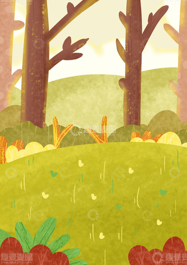 源文件下载【趣麦麦图】春天树林草地卡通手绘插画