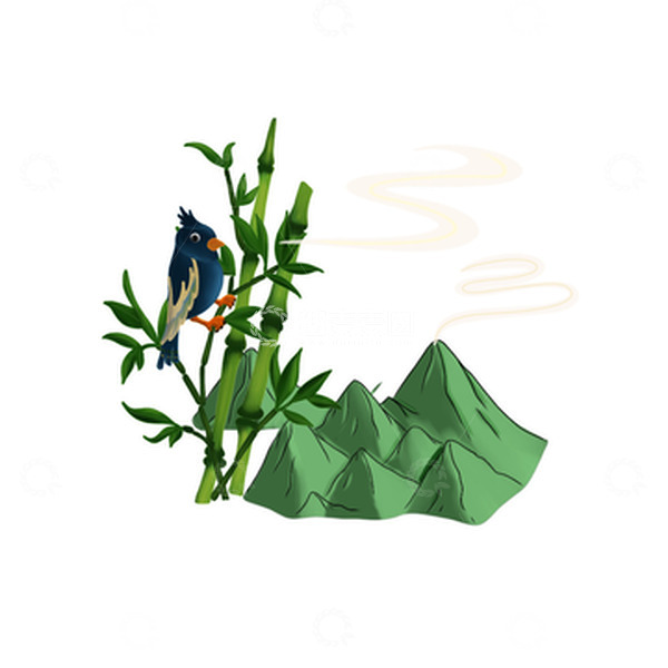源文件下载【趣麦麦图】竹子国风插画鸟植物插画