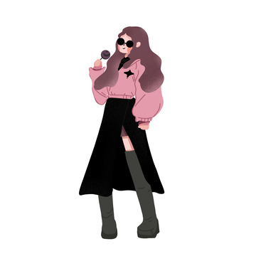 手绘人物撞色时尚女孩服装扁平风插画