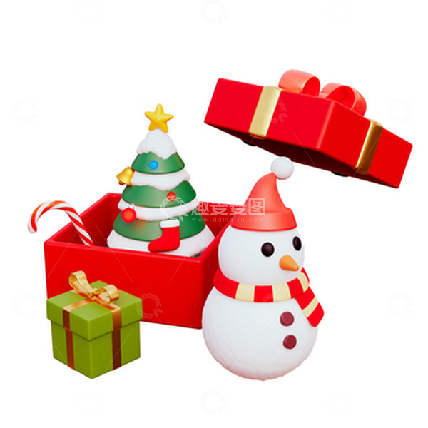 源文件下载【趣麦麦图】3D卡通圣诞节打开的礼物盒子圣诞树雪人