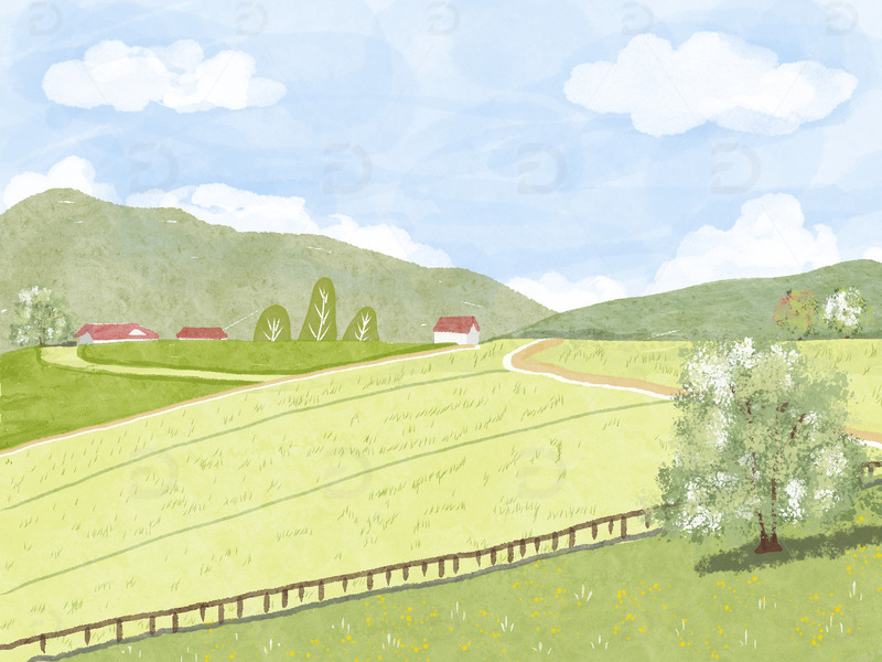 手绘水彩风文艺乡村老家农村田园原野春天