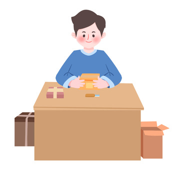 手绘卡通男子拆快递双十二