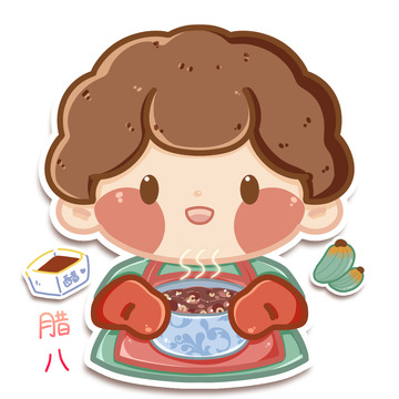 可爱小人腊八节亨饪腊八粥腊八蒜手绘卡通