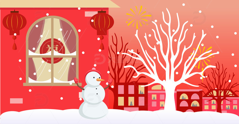 红色喜庆新年春节冬天雪人烟花下雪背景