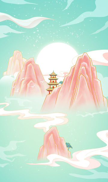 青绿国潮风山水背景图