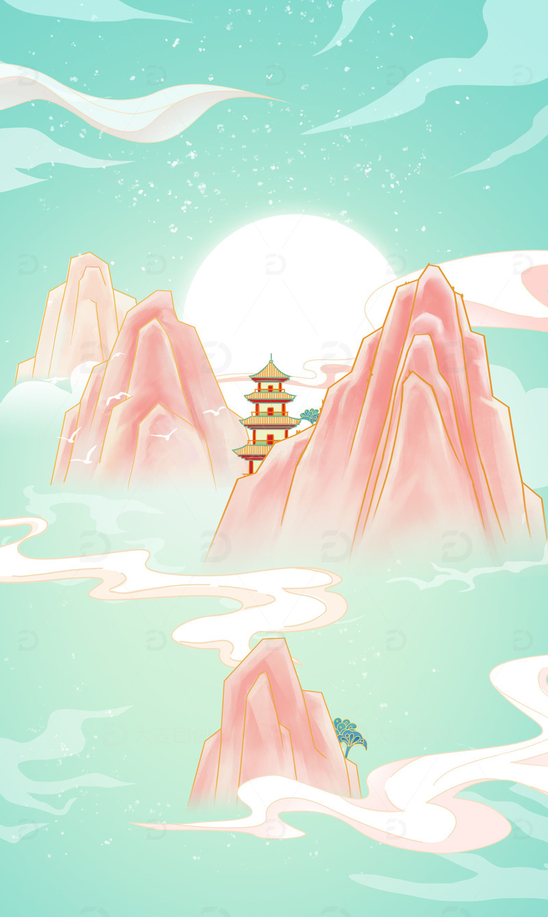 源文件下载【趣麦麦图】青绿国潮风山水背景图