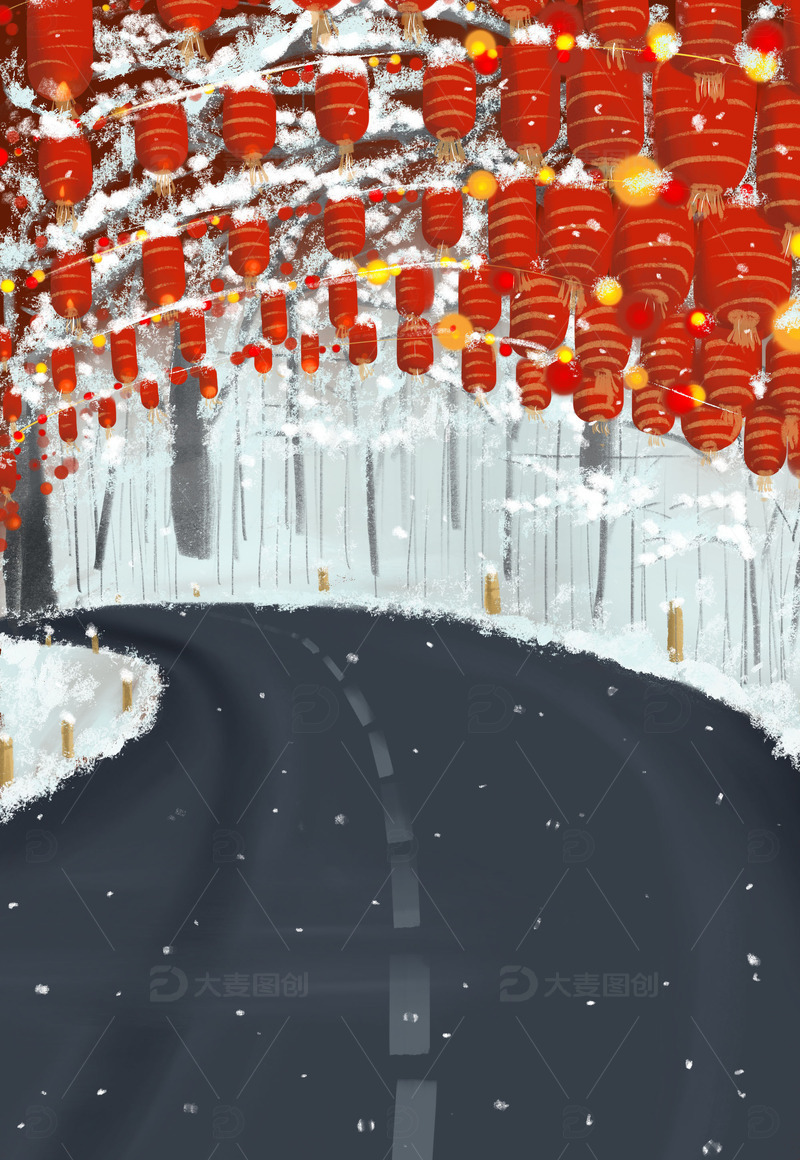 红色张灯结彩回家的路手绘图