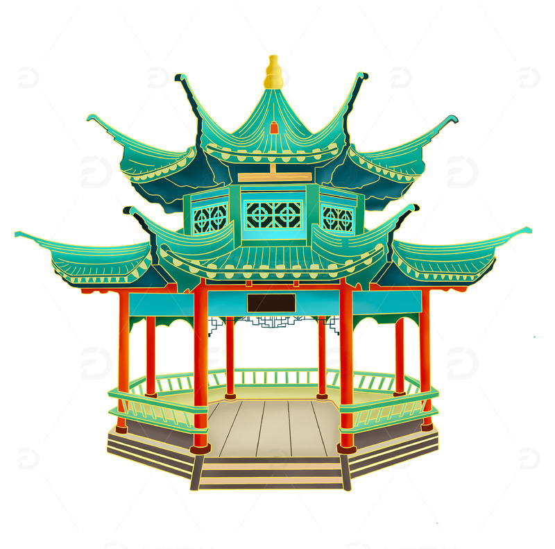 源文件下载【趣麦麦图】国潮风手绘双层凉亭建筑装饰元素