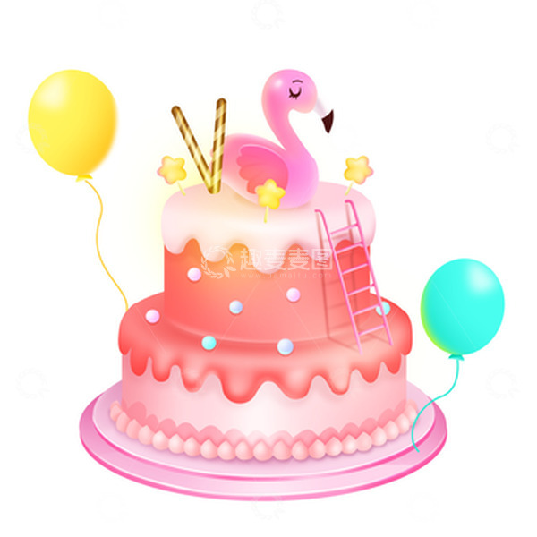 源文件下载【趣麦麦图】粉色草莓双层火烈鸟奶油蛋糕