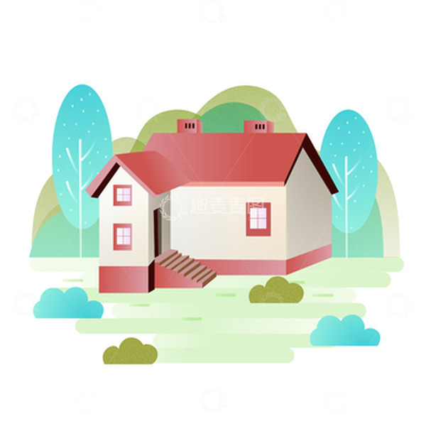 源文件下载【趣麦麦图】红色房子树木山草台阶