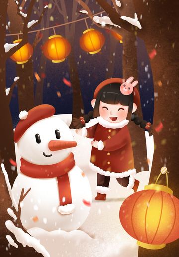 冬天春节户外堆雪人场景插画