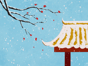 红色亭子梅花雪花手绘