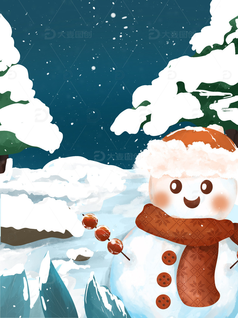 手绘卡通冬天户外下雪树叶雪人海报背景