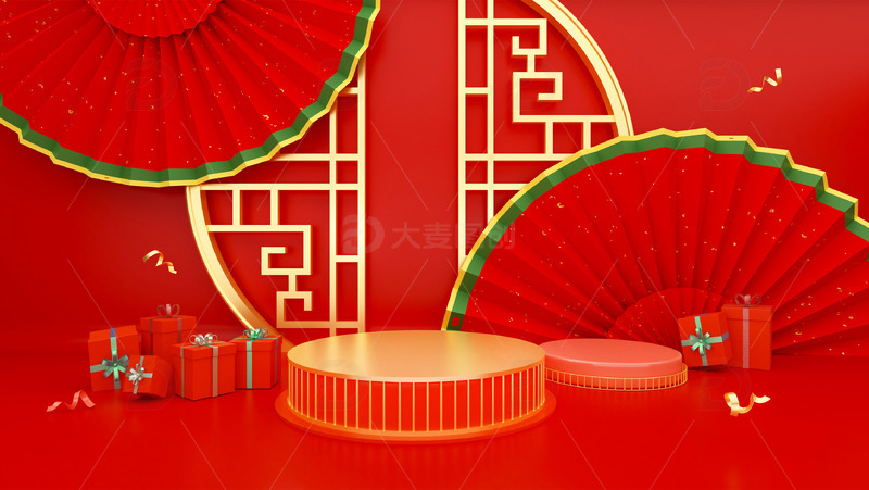 红色金色中式中国风春节新年3D立体背景图