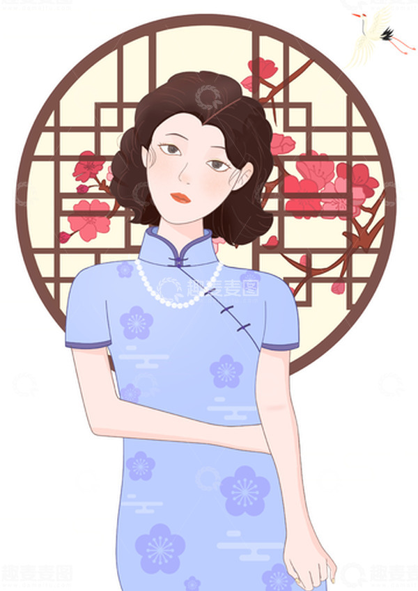 源文件下载【趣麦麦图】-小清新国潮风旗袍女生手绘图