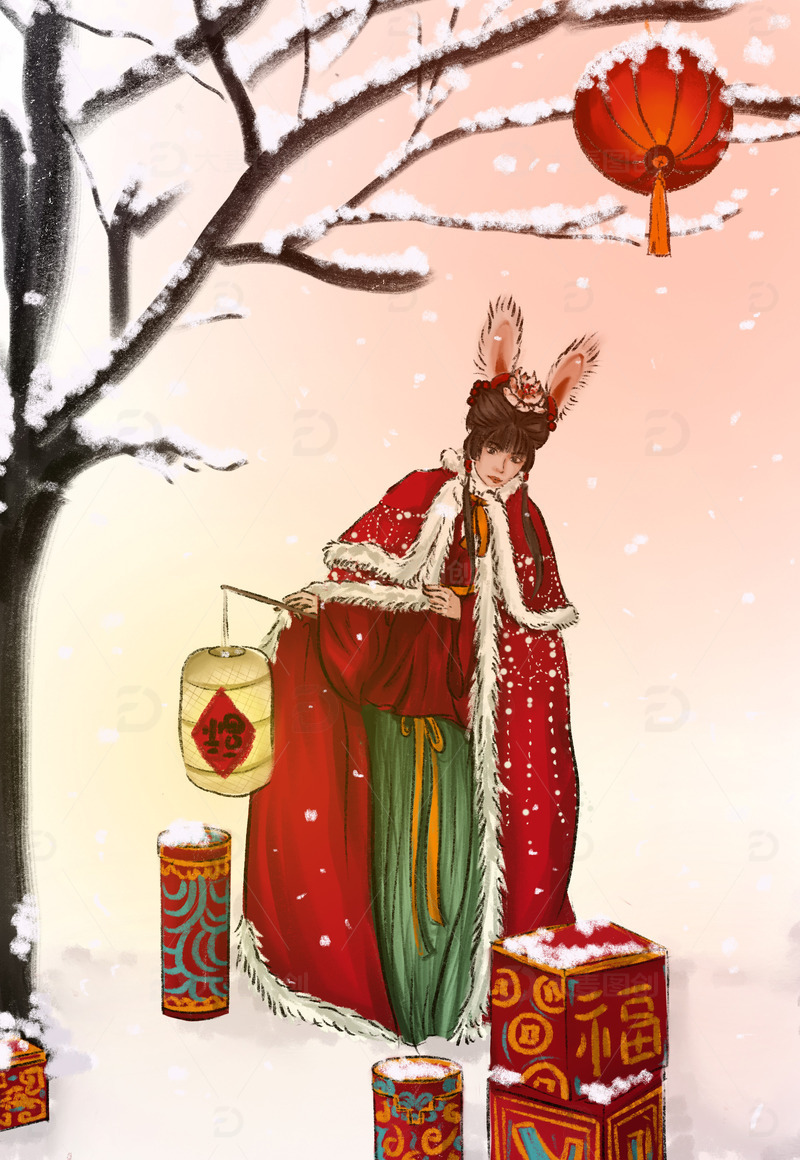 源文件下载【趣麦麦图】红色中国风兔年手绘图