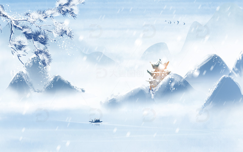 中国风冬天雪山雪景雪松水墨背景插画