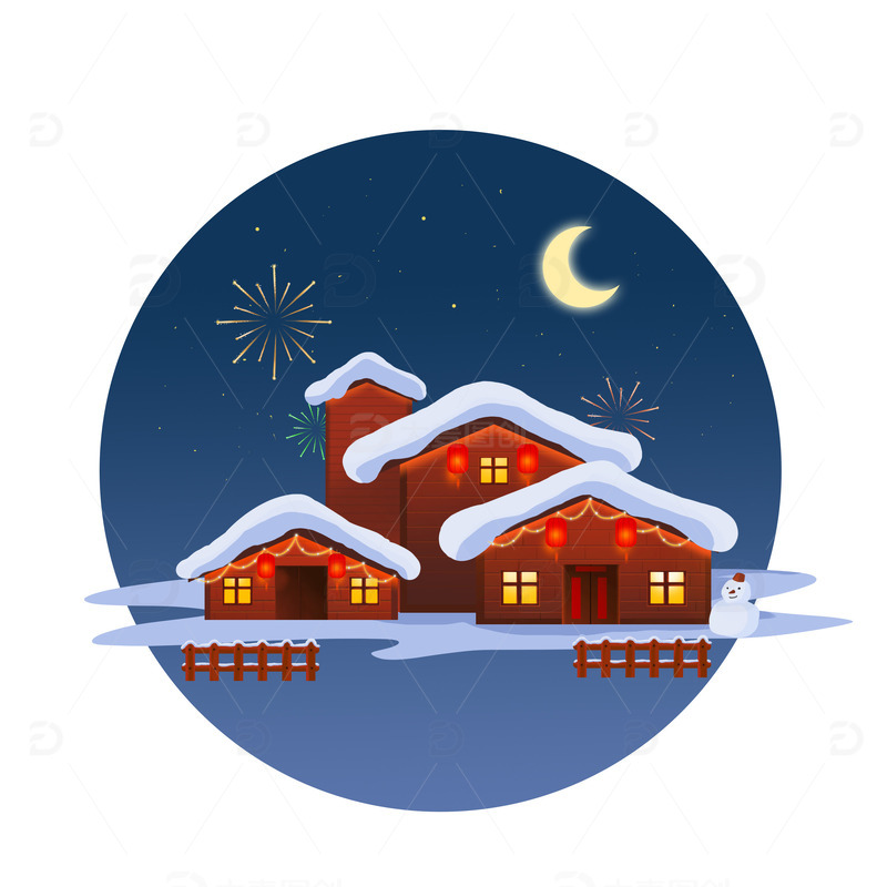 红色农家院过年手绘图