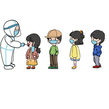 小朋友排队做核酸手绘图