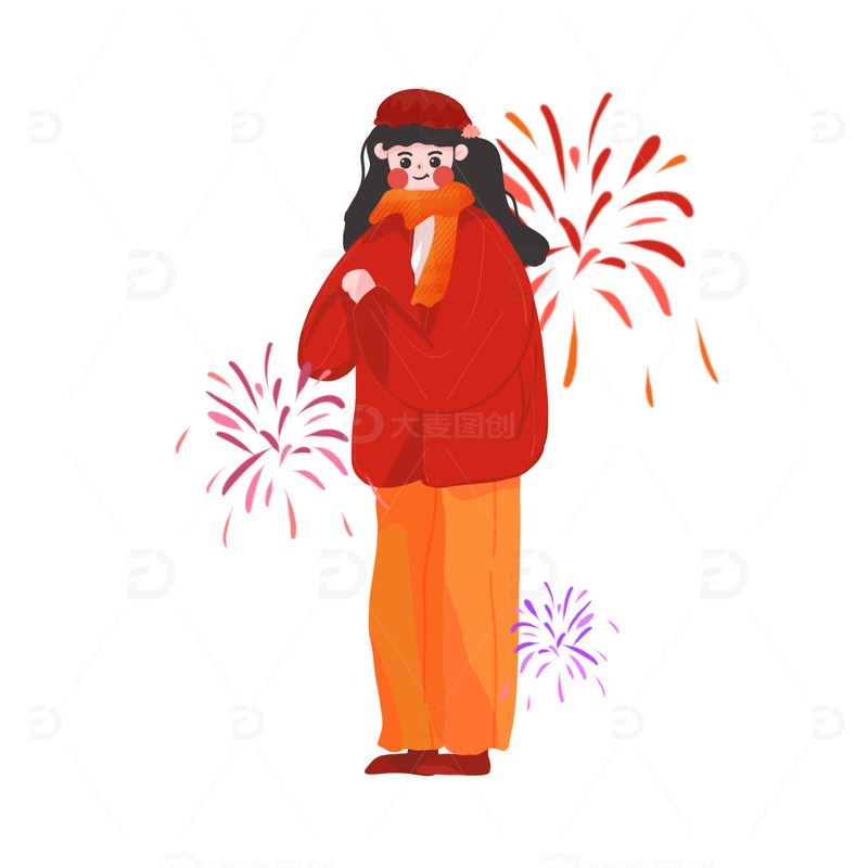 手绘扁平新年快乐春节贺喜人物女孩喜庆烟花