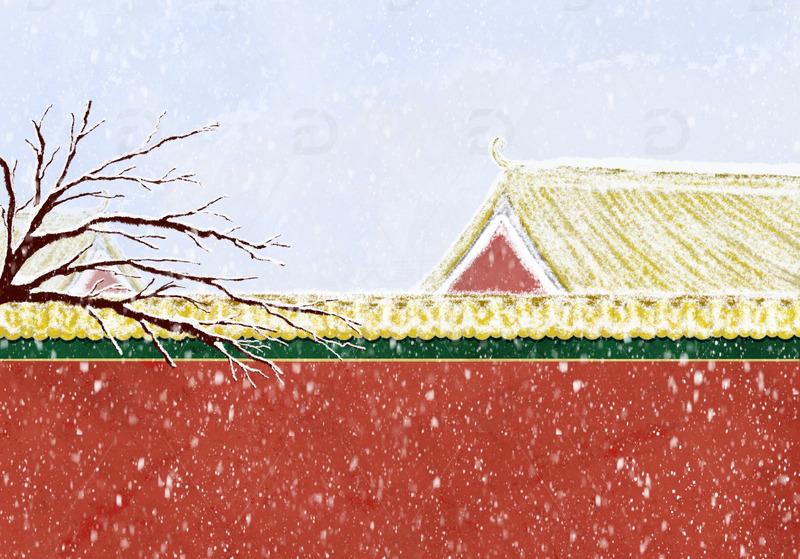 冬天古风红墙背景手绘