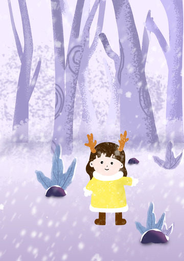 简约紫色小清新雪中森林卡通女孩插画