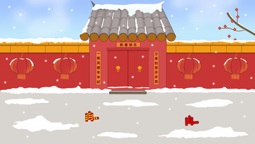 春节冬天背景下雪舞狮手绘背景