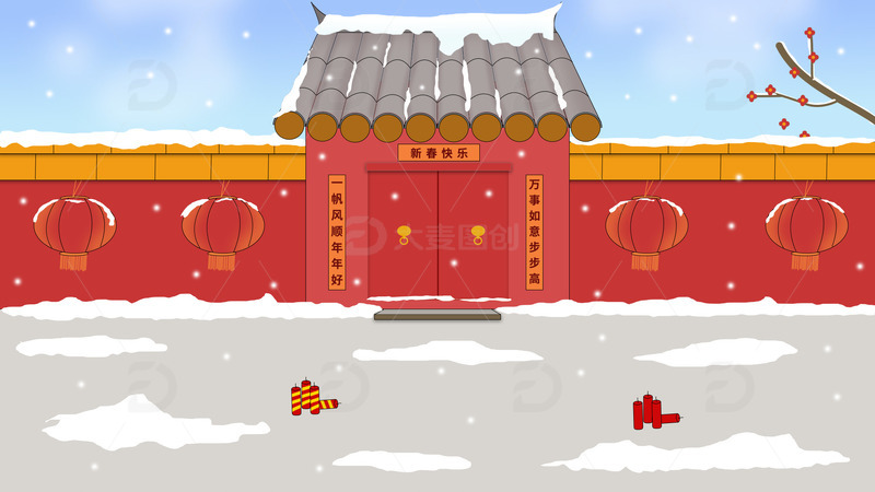 春节冬天背景下雪舞狮手绘背景