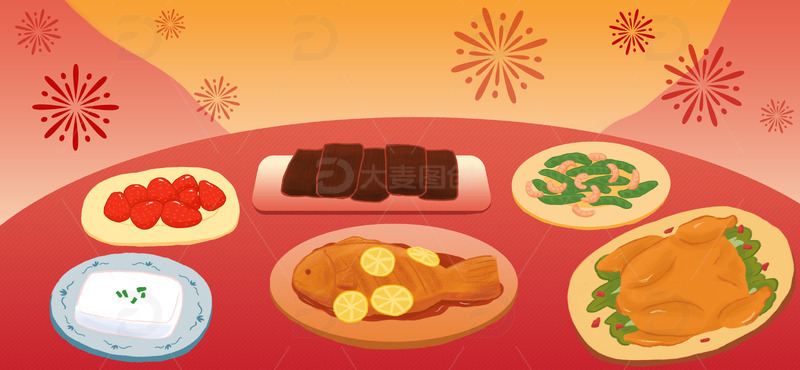 年夜饭团圆手绘背景图