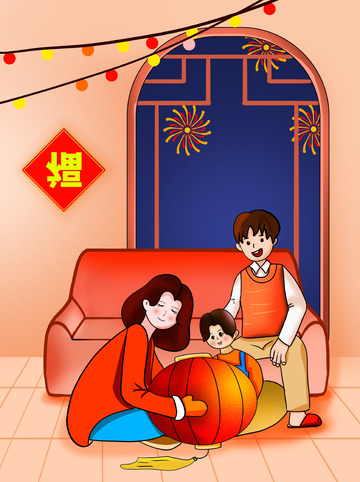 手绘家庭新年小场景儿童插画元旦插画背景