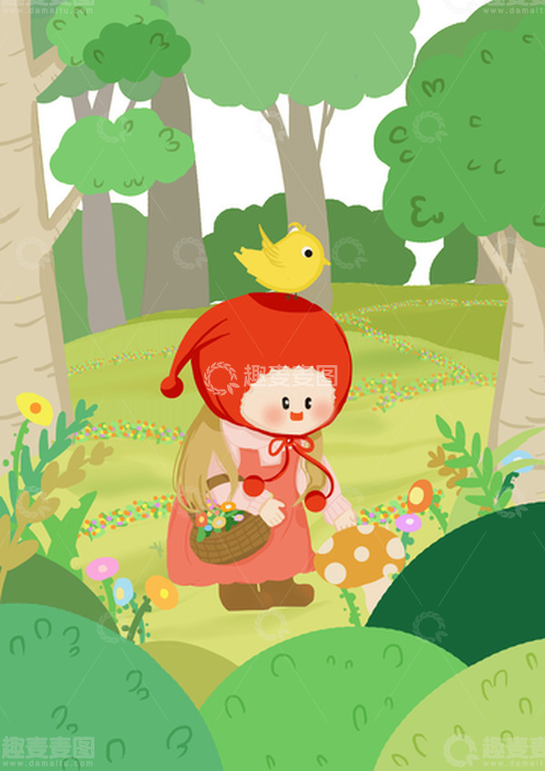 源文件下载【趣麦麦图】绿色小清新森林漫步的小红帽女孩