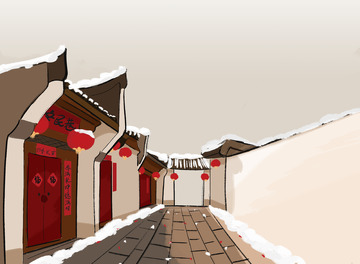 水墨冬天雪后小巷春节背景
