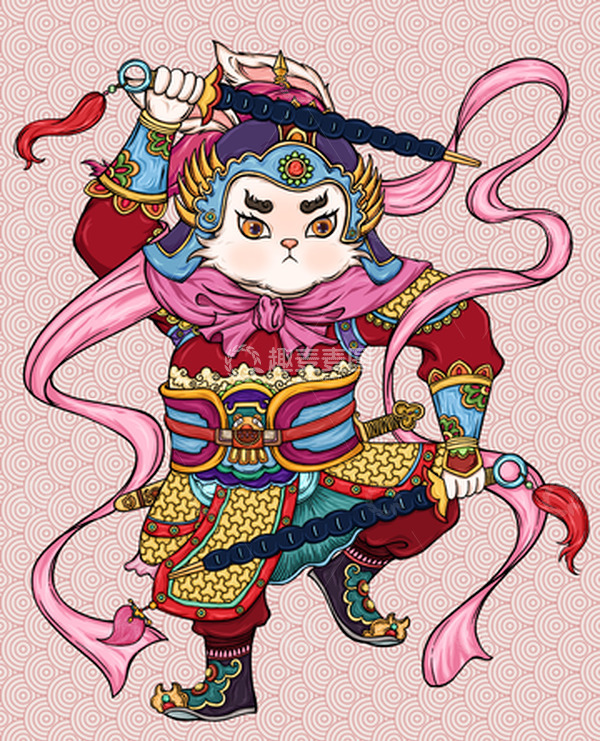 源文件下载【趣麦麦图】粉色国潮风兔子门神元旦新年手绘图