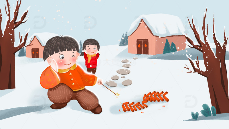 冬季下雪春节元旦新年鞭炮喜庆热闹背景
