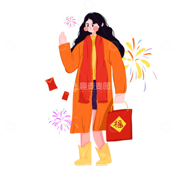源文件下载【趣麦麦图】手绘卡通新年春节元旦贺喜人物女孩烟花