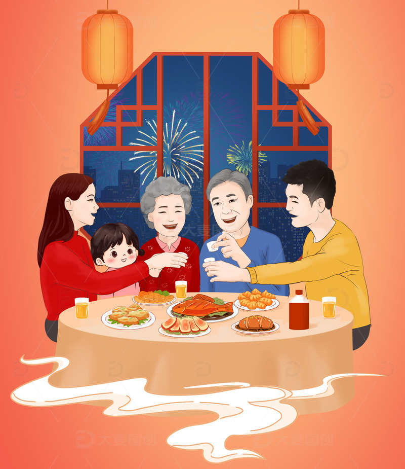 源文件下载【趣麦麦图】-春节除夕年夜饭手绘图