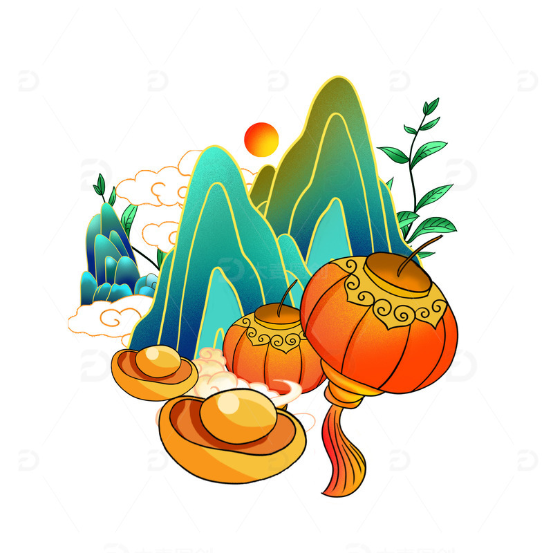 源文件下载【趣麦麦图】-新年元旦古风国潮喜庆灯笼元宝插画手绘