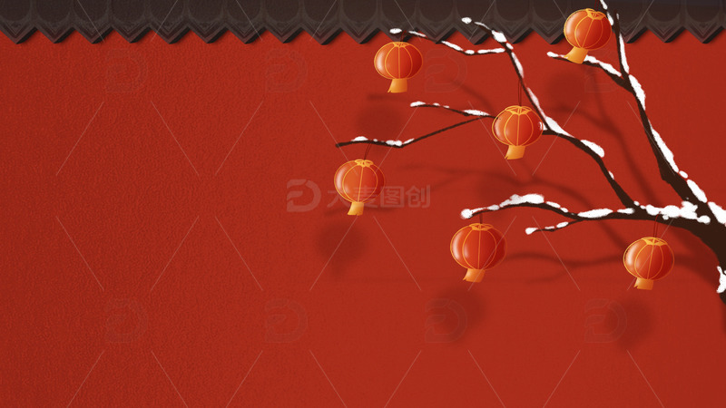 红色喜庆过年红墙灯笼背景手绘图