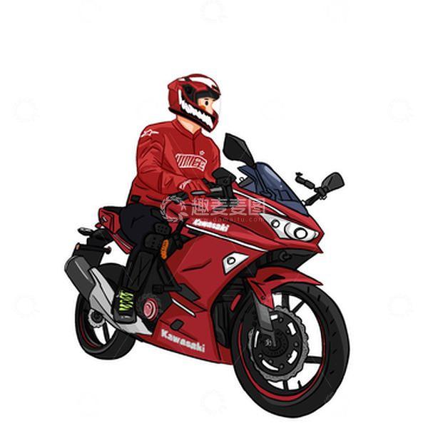 源文件下载【趣麦麦图】红色卡通Q版骑摩托车重机车人手绘图