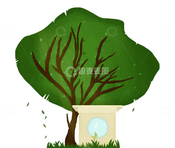 源文件下载【趣麦麦图】绿色小清新大树下小屋手绘插画