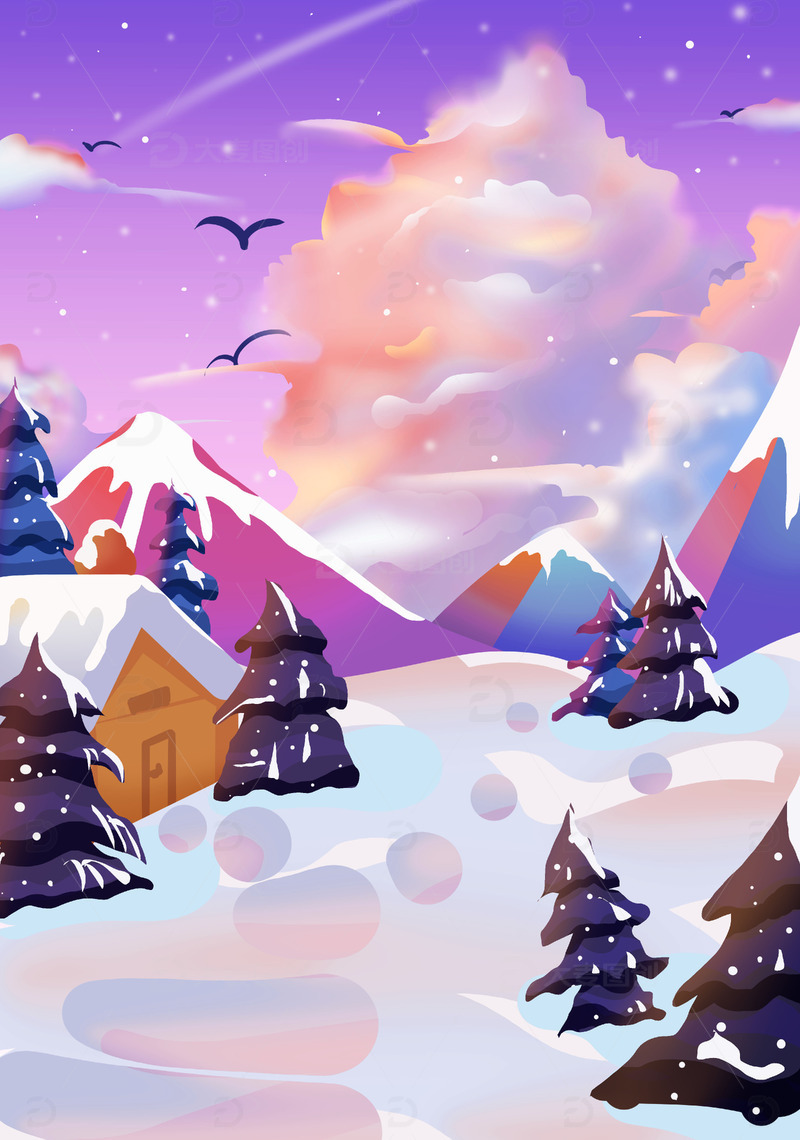 蓝紫色云彩冬天户外下雪场景冬天下雪背景