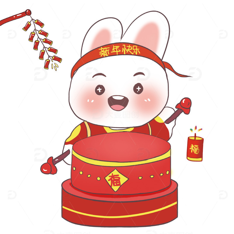 红色喜庆可爱卡通兔子兔年敲鼓鞭炮素材