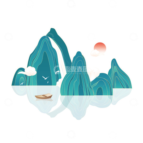 源文件下载【趣麦麦图】国潮山水瀑布装饰插画