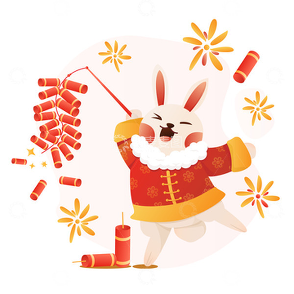 源文件下载【趣麦麦图】-红色喜庆中国风兔子点炮竹装饰插画元素