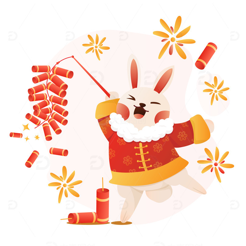 红色喜庆中国风兔子点炮竹装饰插画元素