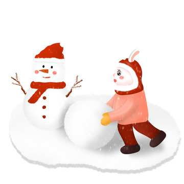 小兔子堆雪人手绘